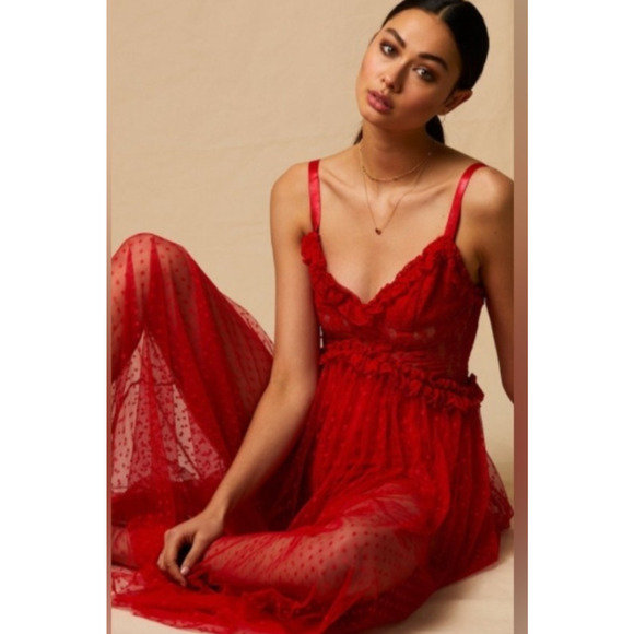NWT Choosy Red Lace Swiss Dot Maxi Dress 12 Built in Shorts Romantic Sexy Date - Picture 3 of 6
